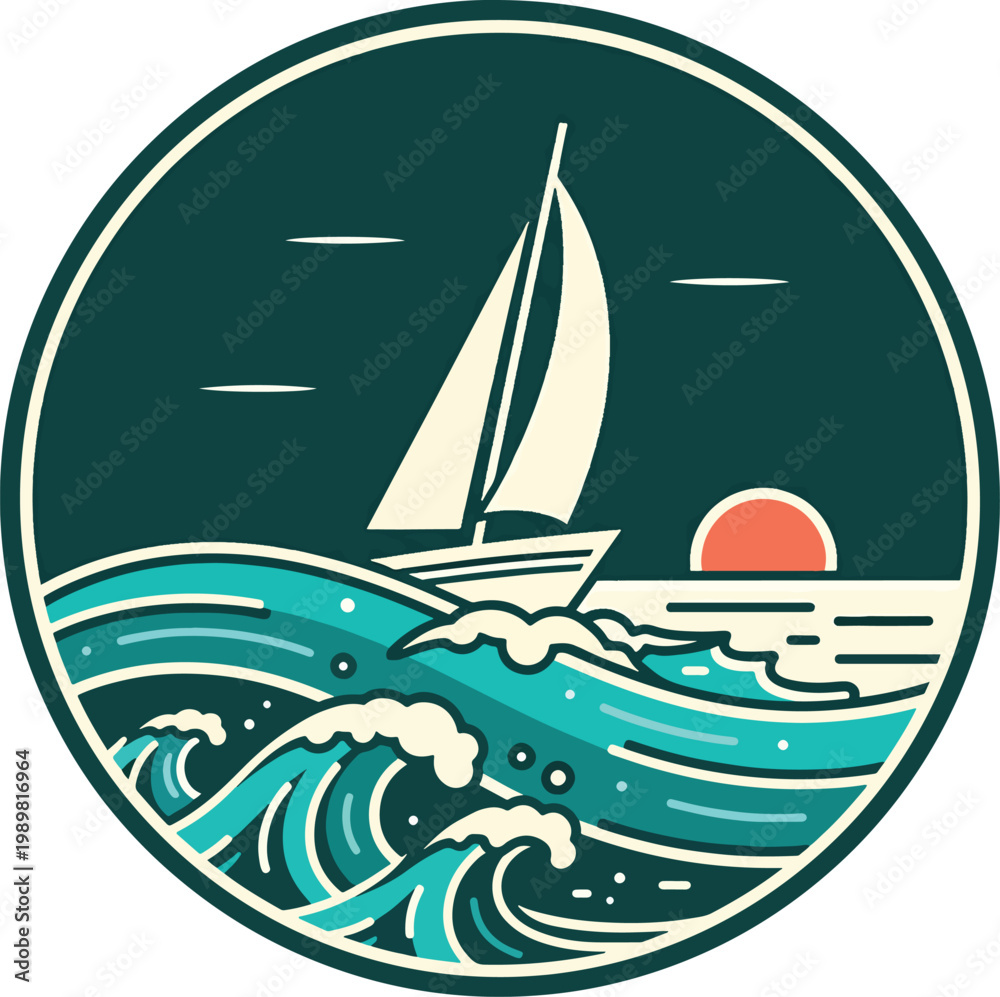 Fototapeta premium Stylized circular illustration of a sailboat navigating choppy ocean waves at sunset.