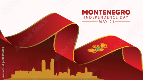 Montenegro flag ribbon with cityscape celebrating independence day patriotic vector design