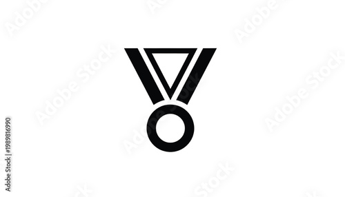 Medal icon with simple triangular ribbon and circular center, minimalist black symbol for awards and achievements