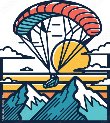 Stylized graphic illustration of a paraglider soaring over mountain peaks.