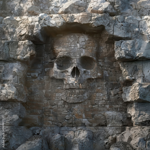 Large stone skull sculpture carved into rocky wall in an ancient setting during bright daylight