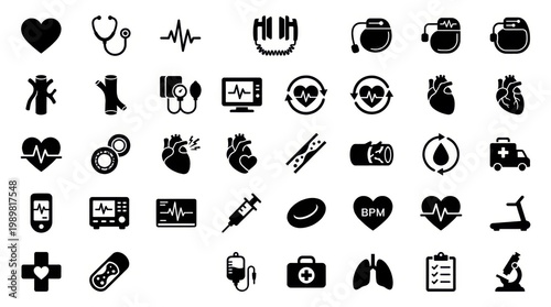 Comprehensive cardiology and heart health medical silhouette icons for cardiovascular healthcare