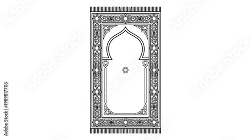 Outline Islamic Prayer Mat with Elegant Geometric Pattern and Star Motif, isolated white background