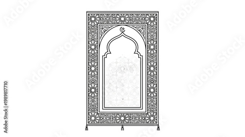 Outline Islamic Prayer Mat with Intricate Arabic Geometric Pattern, isolated white background