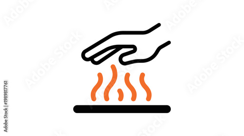 Icon of human hands warming above a heat source with orange flames, isolated white background.