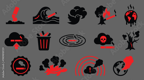 Premium Tobacco Environmental Damage Silhouette Icon Set, Minimalist Vector Infographic Symbols, No Smoking Awareness, World No Tobacco Day Design, Clean White Background Pack