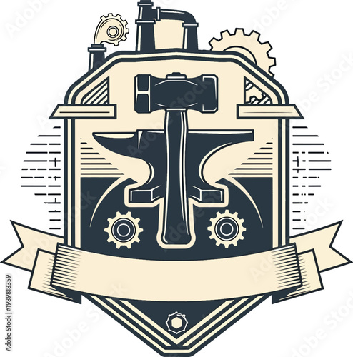 Vintage Blacksmith Logo Emblem with Hammer Anvil and Industrial Gears.