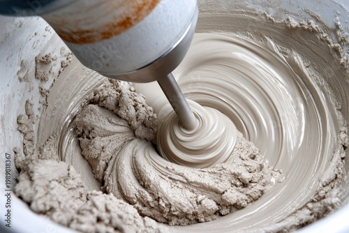 Close-up of a mixer blending plaster or cement creating a smooth, swirling texture in a bucket.