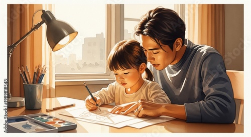 Father Helping Daughter with Homework at Wooden Desk in Room