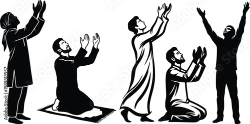 Silhouette illustration of diverse Muslim men praying in different poses, expressing faith, devotion, and spiritual connection in Islam