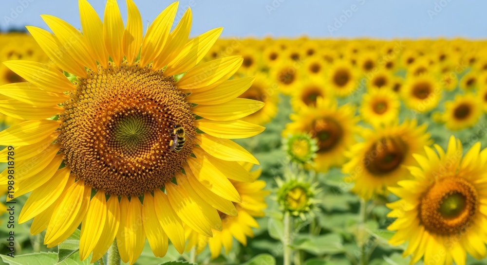 Fototapeta premium Bee visits blooming sunflower in vast summer field