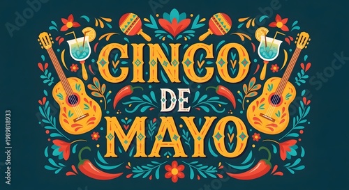 Vibrant cinco de mayo celebration festive design with guitars chili peppers and traditional mexican elements