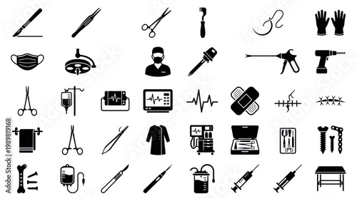 Extensive hospital surgery icon set with operating room tools and medical equipment graphics