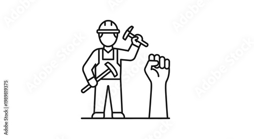 Construction worker with raised fist hammer.