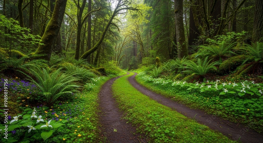 Fototapeta premium Winding dirt road through lush forest landscape
