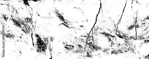 Grungy white wall texture with black paint splatter and scratches. Panorama view background.