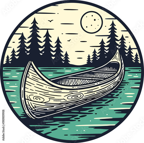 Vintage wooden canoe floating on water illustration.