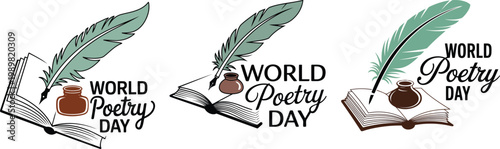Vintage World Poetry Day vector set, antique quill pen and inkwell on open book, literary celebration icons for writers and poets