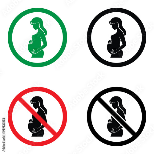 pregnancy sign icons showing allowed and prohibited symbols with pregnant woman silhouette, maternity safety signs, warning symbol, healthcare sign, female profile, pregnancy symbol set