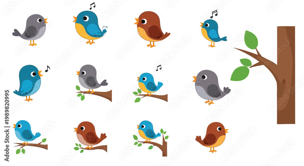 Fototapeta premium Colorful cartoon birds with musical notes and branches in a vector set