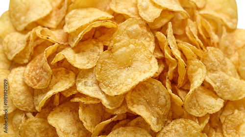 Close-up of crispy potato chips, golden brown and textured