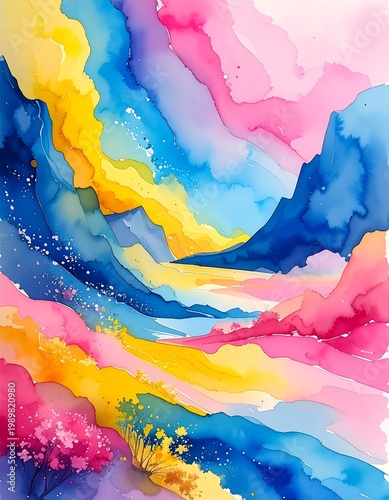 Colorful abstract landscape with watercolor wash, blues, pinks, yellows create depth