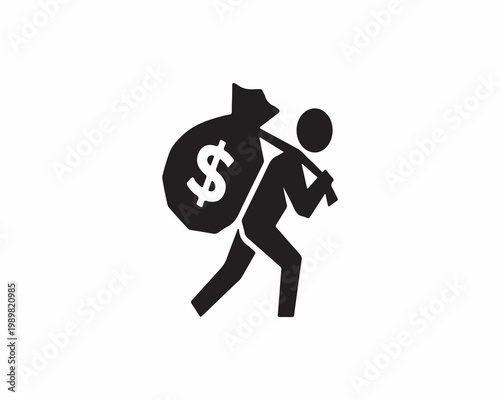 Minimalist vector icon of person carrying large blue money bag with white dollar sign, dark blue silhouette, geometric high-contrast design, optimized for finance, wealth, debt