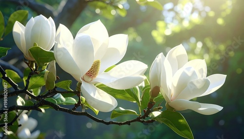 Beautiful White Magnolia Flowers Blooming in Spring Sunlight.