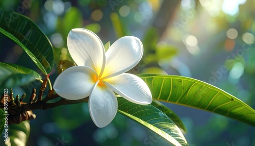 Beautiful White Plumeria Flower Blooming in Tropical Sunlight.