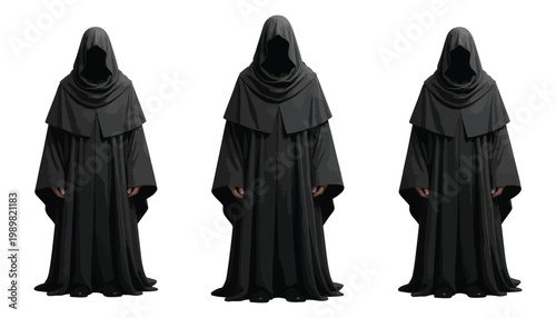 Three mysterious hooded figures in black cloaks, dark fantasy grim reaper characters, eerie medieval robes silhouette, occult ritual concept illustration