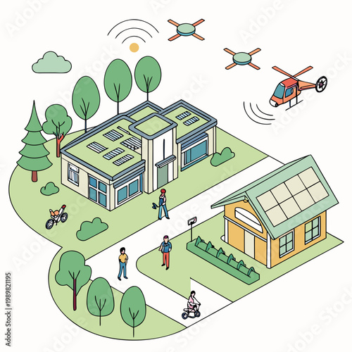 Isometric smart eco neighborhood with solar powered houses and delivery drones isometric neighborhood residential sustainable technology delivery environment architecture building renewable