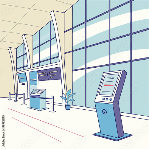 Modern airport terminal hall interior with self service check-in kiosks check in terminal interior check-in building isometric architecture structure transport aviation boarding departure