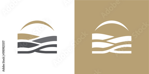 A minimalist logo design featuring abstract rolling hills under a sun arch. Presented in both a warm earthy color palette and a clean monochrome version, this graphic is ideal for branding, nature, ag
