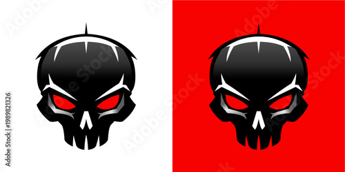 A stylized, aggressive black skull with glowing red eyes, presented on both white and red backgrounds. This menacing graphic is ideal for concepts related to danger, gaming, horror, or powerful brandi