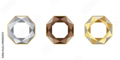 Three stylized, octagonal cut gemstones featuring faceted surfaces in silver, bronze, and gold tones. Isolated on a clean white background, they represent precious materials and wealth, suitable for j