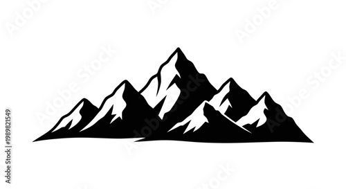 Black silhouette mountain range landscape with snow capped peaks on white background