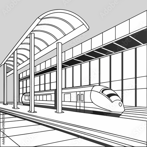 High speed train at modern station illustration with transport platform transportation architecture structure commuter terminal building perspective illustration traveling technology