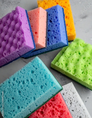 Colorful porous sponges, stack-up, various textures/materials on grey background