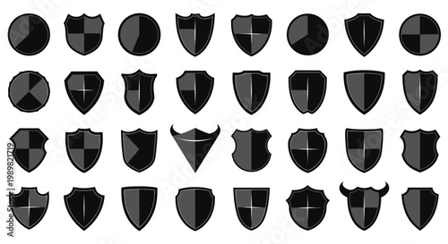 Collection of black shield icons in various shapes and designs on white background for protection and security concepts