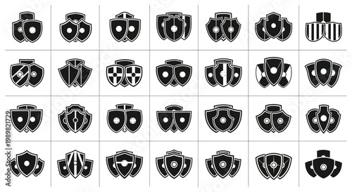 Collection of various gas mask icons in black and white on a grid background