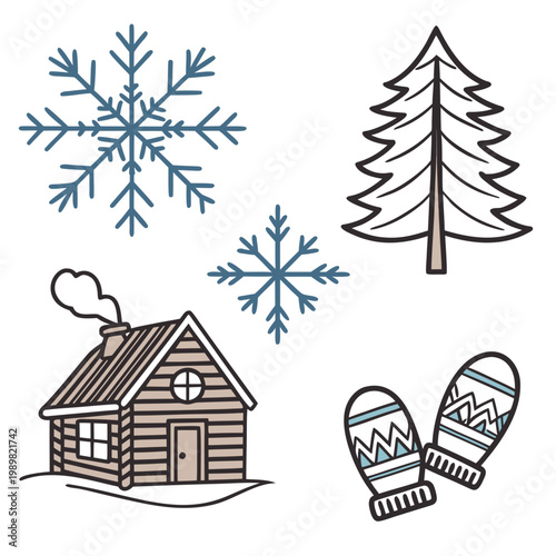 Winter holiday icon set with snowflake cabin tree and mittens christmas snowflake seasonal illustration decoration celebration elements background clothing