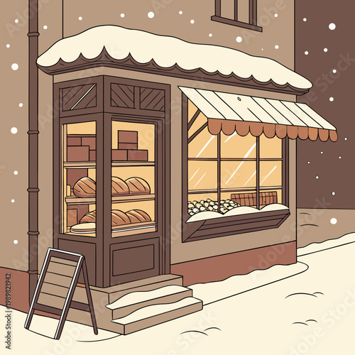 Cozy bakery shop front exterior in winter snowy landscape with exterior landscape architecture building seasonal charming illustration atmosphere nostalgic shopfront business traditional