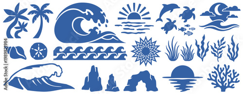 Ocean and Summer Coastal Elements Collection, Blue Minimalist Tropical Silhouettes, Nautical Icons and Marine Life Stencil Art Set