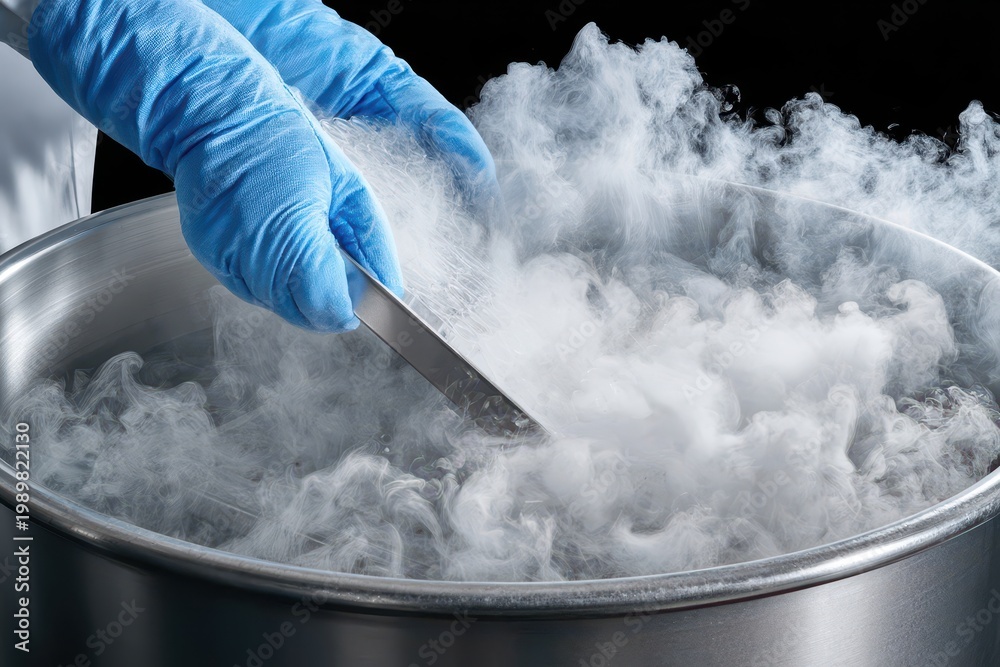 Fototapeta premium Close-up of gloved hands using a metal tool to interact with dense white vapor from a cryogenic liquid in a metal container.