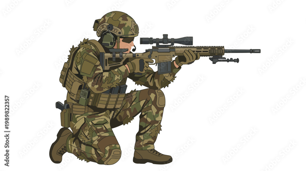 Fototapeta premium A soldier in tactical gear and camouflage kneels while aiming a vector rifle.