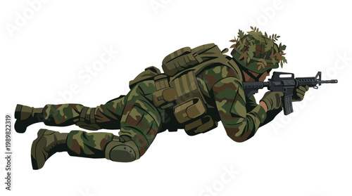A soldier in camouflage gear and tactical uniform lies in prone position with a vector-style rifle.
