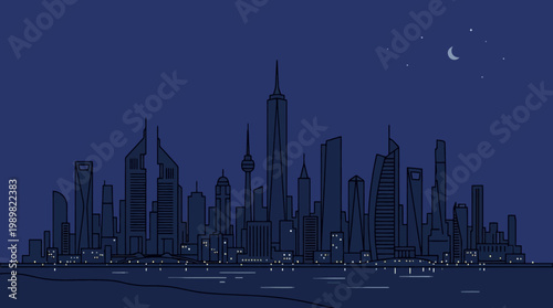 Night city skyline vector illustration showing urban skyscrapers and glowing cityscape panorama at night