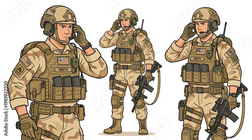 Military soldiers in camouflage gear perform tactical operations with vector graphics of army personnel.