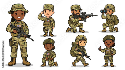 Soldiers in army tactical gear wearing camouflage uniforms and helmets are shown in various military poses with vector graphics