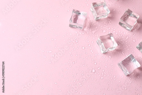 Ice cubes with water drops scattered on pink background, top view.